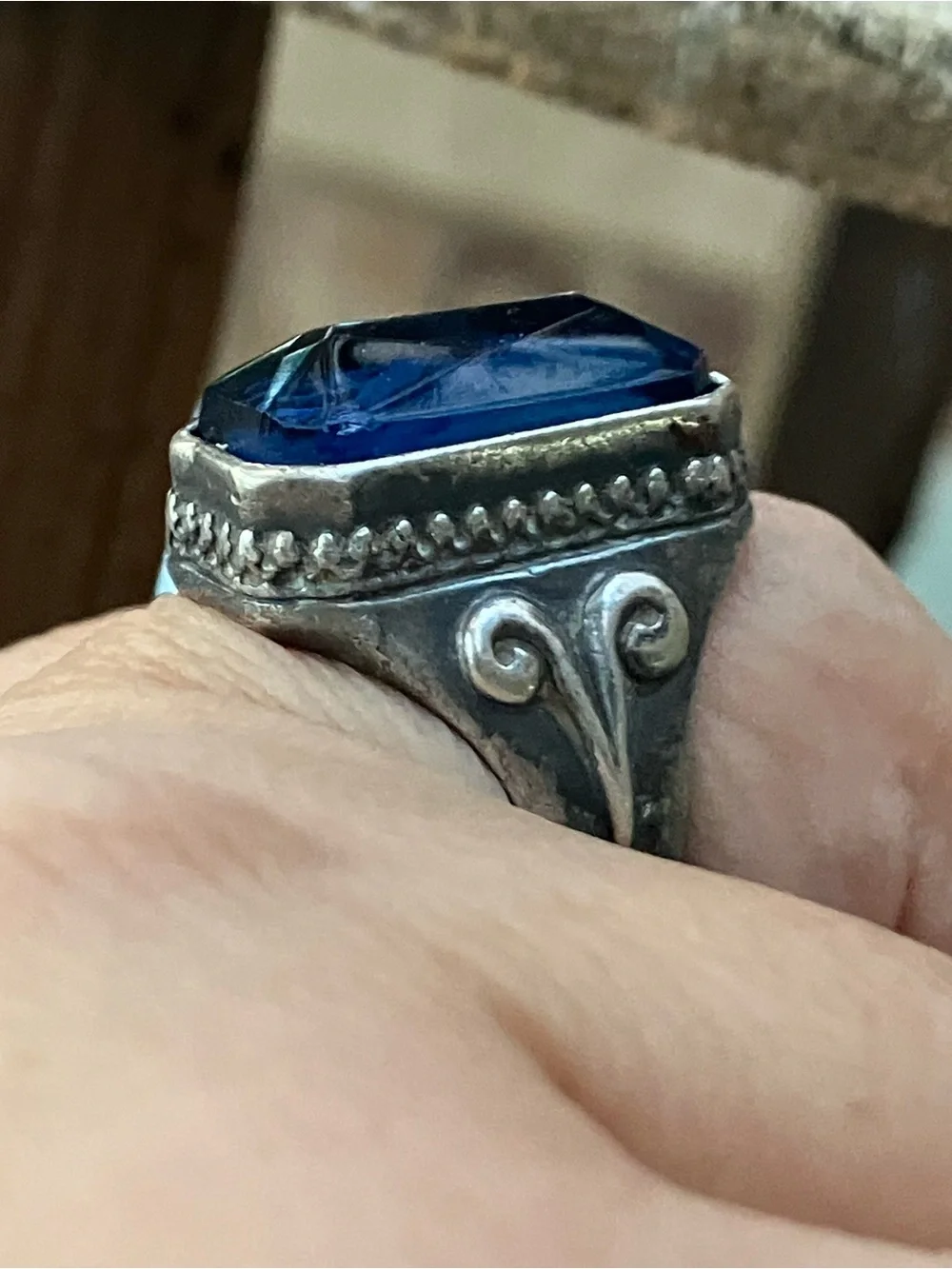 925 Intaglio Cameo Reverse Carved Blue Glass Vintage Sterling Silver Ring 7